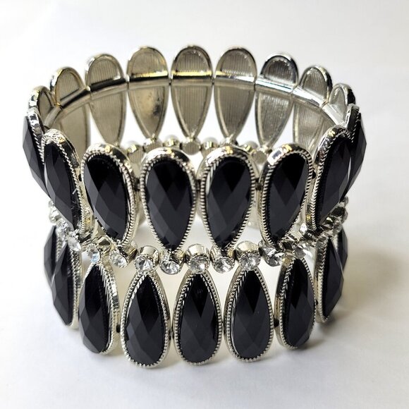 Women's Black Stretch Cuff Bracelet Wide Large Cuffs - Picture 2 of 8